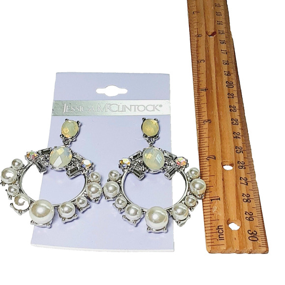 NEW Jessica McClintock Elegant Crystal & Pearl Earrings Sparkle Glam - Picture 1 of 4